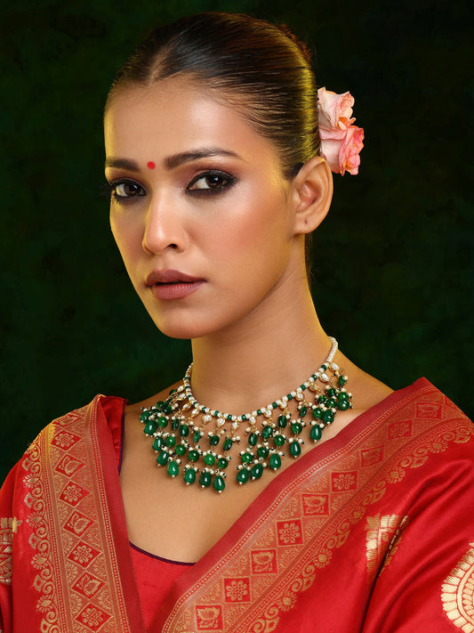 Ruby Raang Green Kundan And Emerald Collar Necklace | Swadesiicart