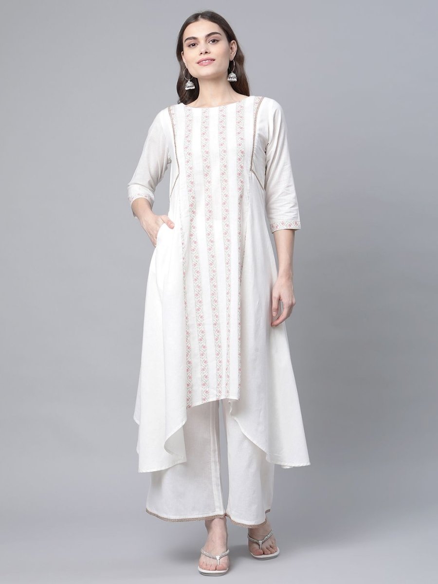 Ahalyaa Women's Off white Pure Cotton Printed Asymmetric Kurta Palazzo Set | Swadesiicart