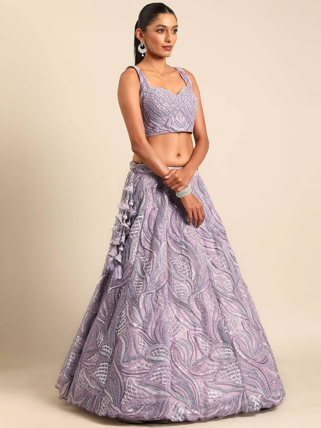 House of Panchhi Lavender Net Sequins and Zarkan embroidery Lehenga choli & Dupatta | Swadesiicart