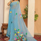 Exclusive Collection Beautiful Light Sky Pure Cotton Hand Print Handloom Saree With Running Blouse Piece - Swadesiicart