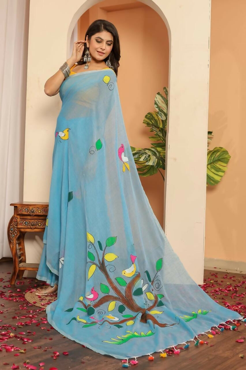 Exclusive Collection Beautiful Light Sky Pure Cotton Hand Print Handloom Saree With Running Blouse Piece - Swadesiicart