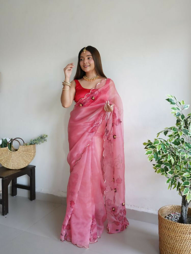 Vamsee Mudra Pink Organza Saree - Swadesiicart