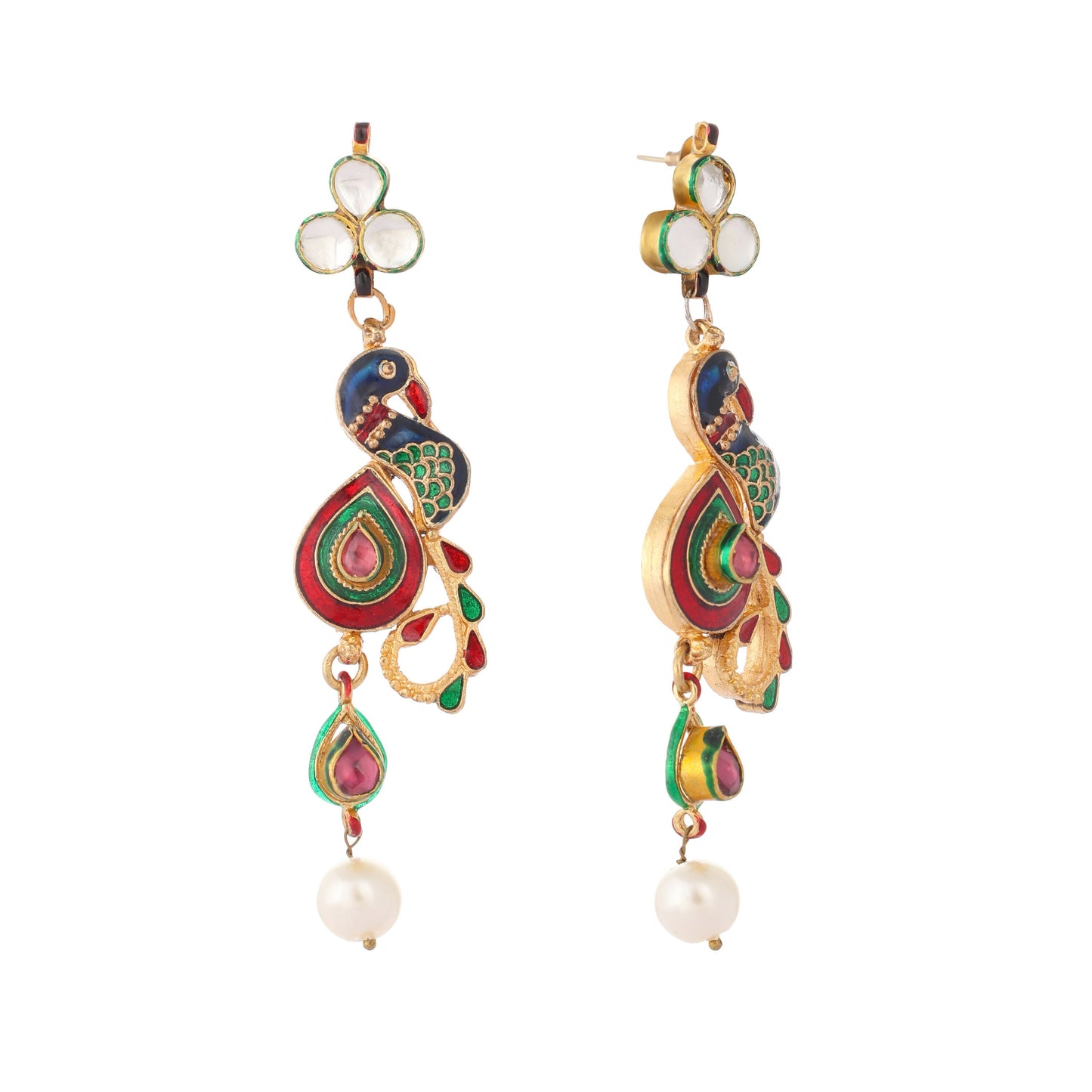 Nuyug 22K Gold Plated Pearl Drop Kundan Studded Ethnic Peacock Shaped Drop Earrings | Swadesiicart