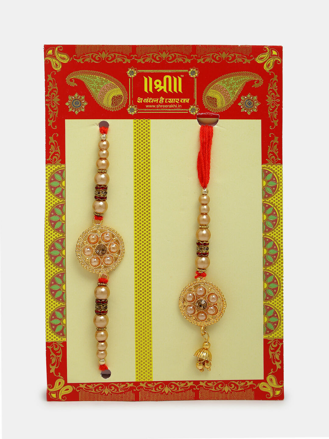 NVR Women & Men Set of 2 Gold-Toned Stone-Studded & Beaded Bhaiya Bhabi Rakhi With Roli Chawal | Swadesiicart