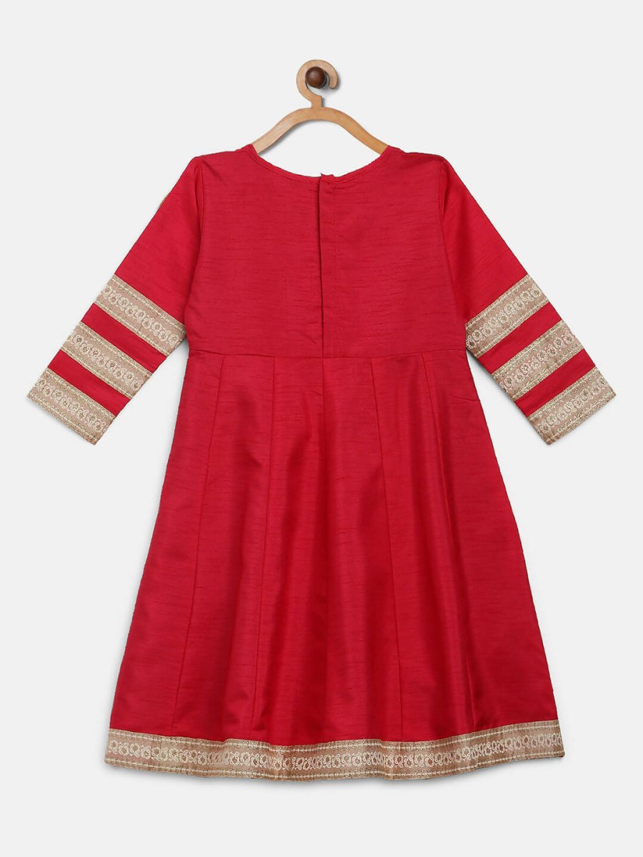 Ahalyaa Red Poly Silk Anarkali Kids Kurta With Dupatta Set For Girls | Swadesiicart