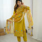 The52 Yellow Women's Gorgeous Embroidered work Viscose Gadhwal Fabric Straight Kurta, Pant and Dupatta Set - Swadesiicart