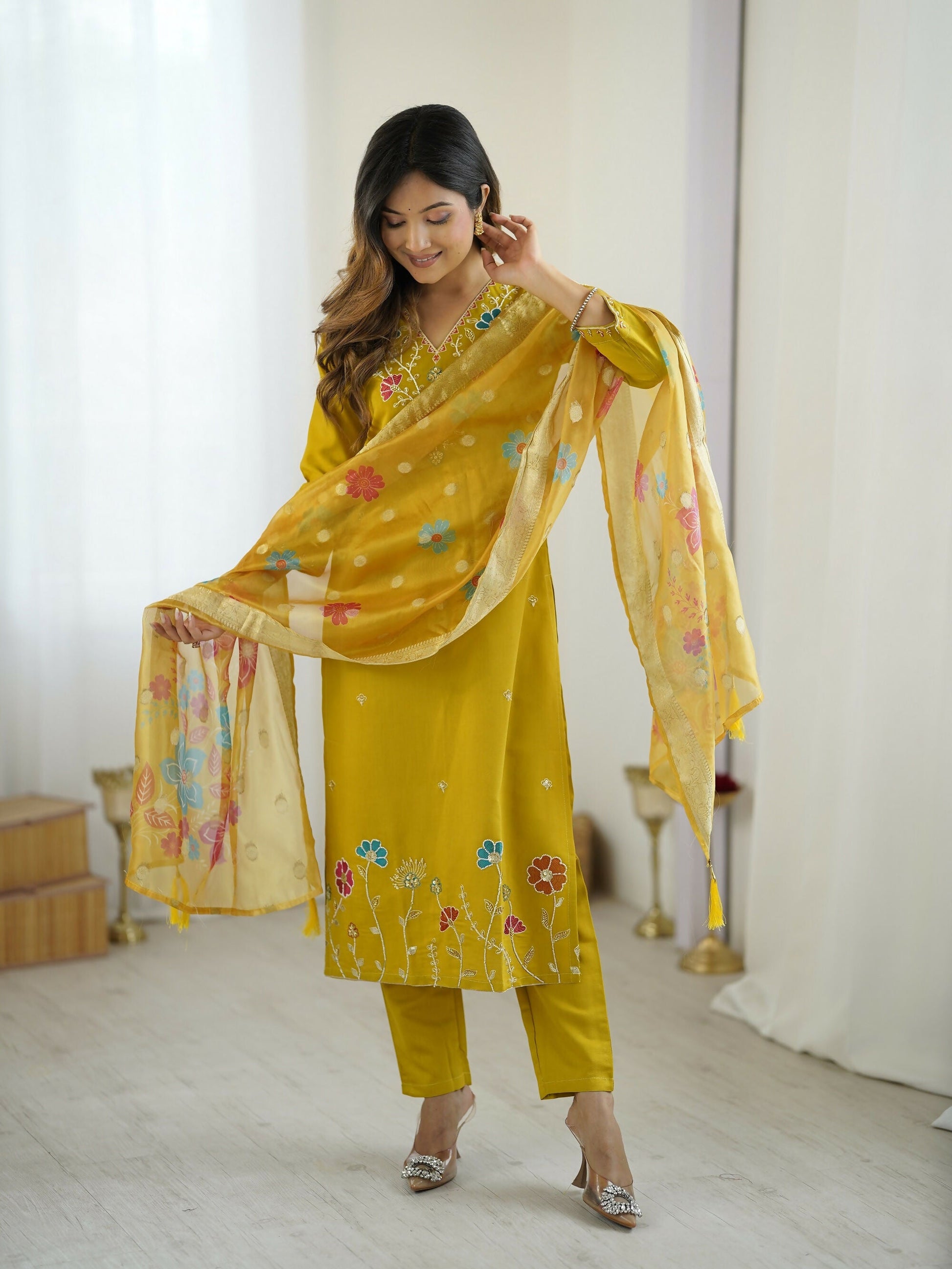 The52 Yellow Women's Gorgeous Embroidered work Viscose Gadhwal Fabric Straight Kurta, Pant and Dupatta Set - Swadesiicart