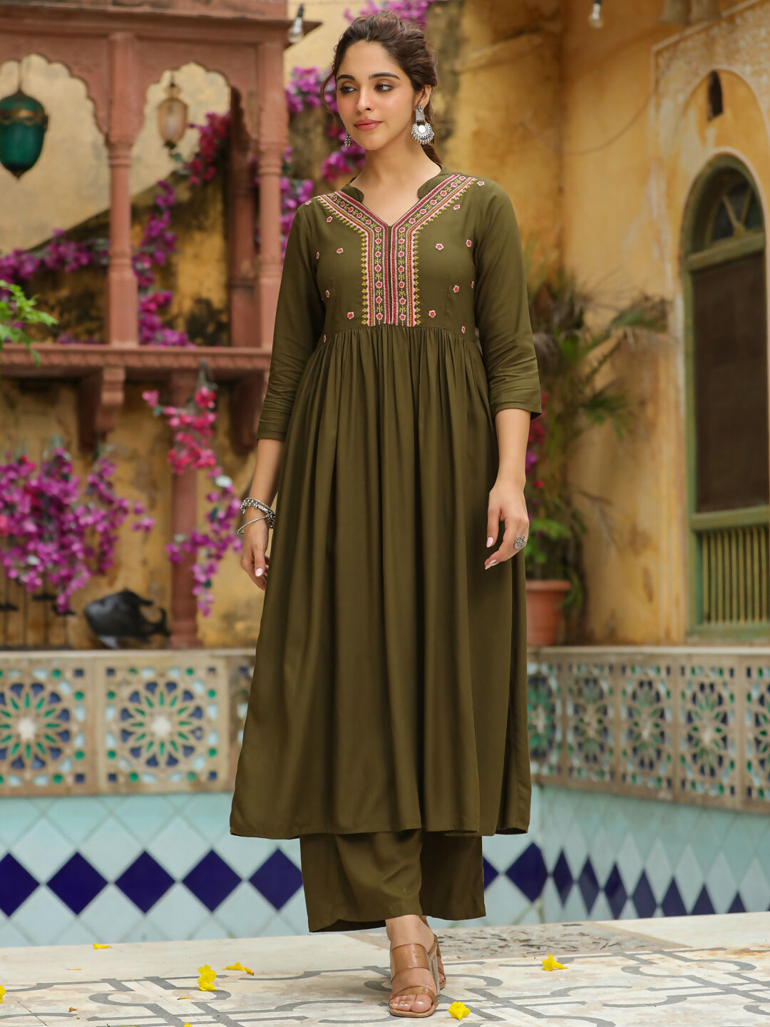 Janasya Olive Rayon Embroidered Kurta & Bottom | Swadesiicart