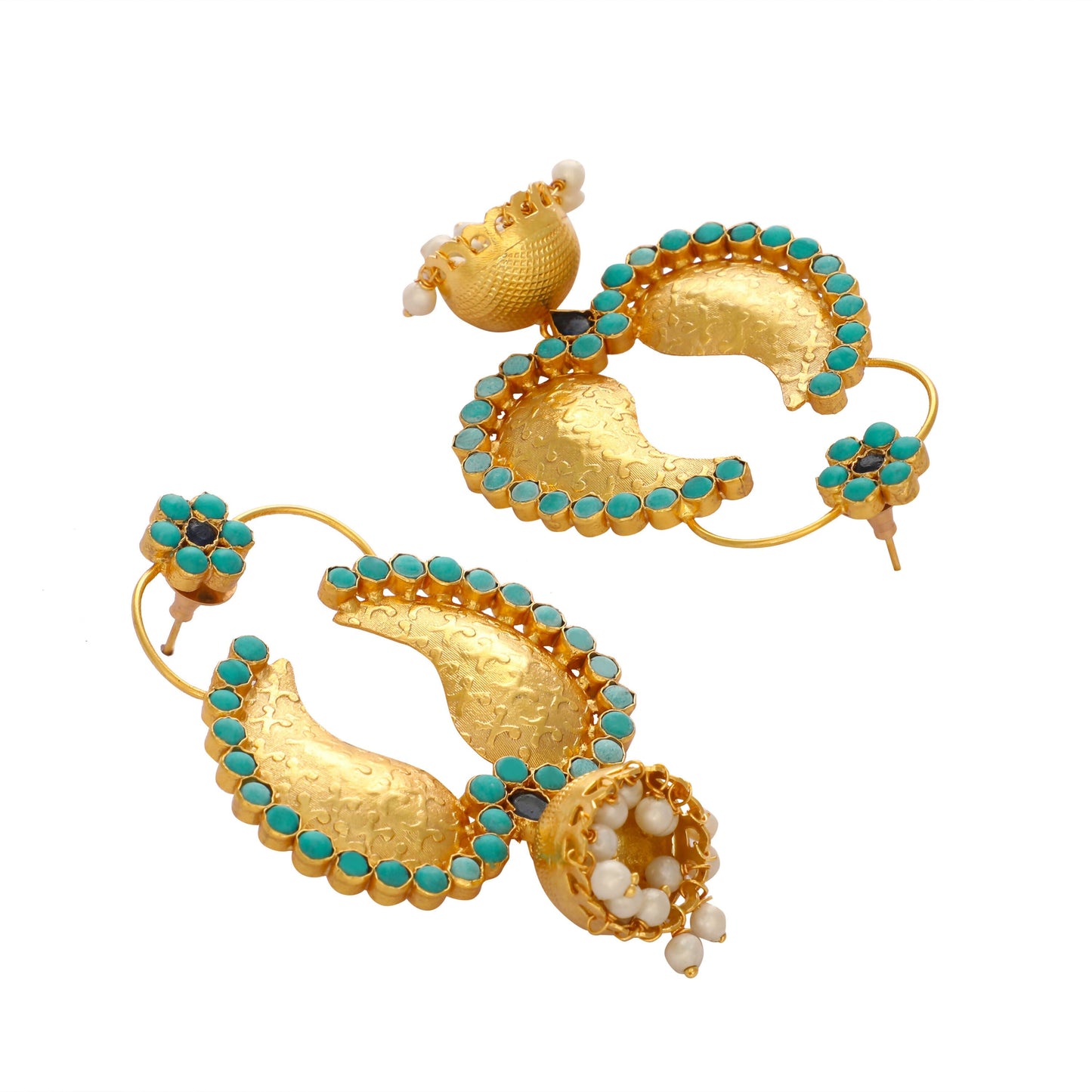 Nuyug 22K Gold Plated Turquoise Stone Studded Contemporary Mini Jhumki Dangler Earrings | Swadesiicart