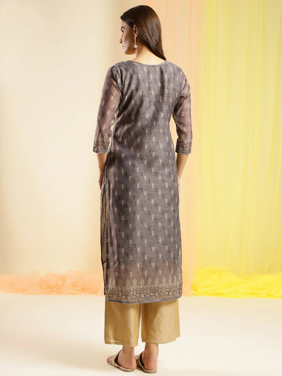 Grey Chinon Digital Printed With Hand Work Kurta - Himanshi - Swadesiicart