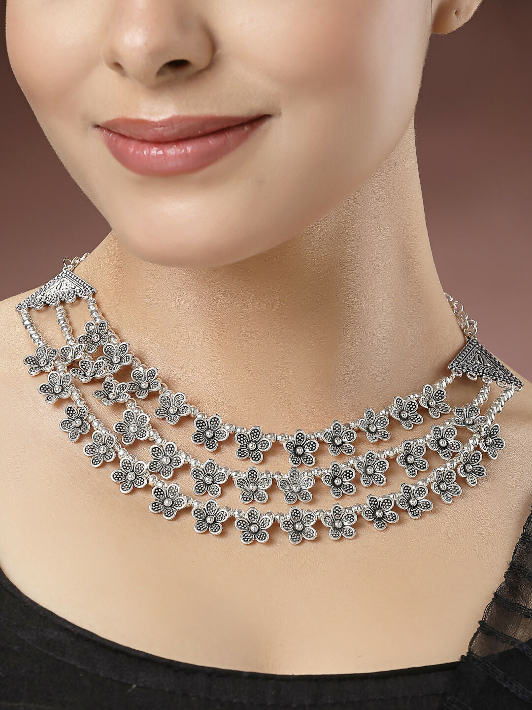 NVR Women's 3 Layered Floral Shape Artificial Beads German Silver Oxidised Necklace | Swadesiicart