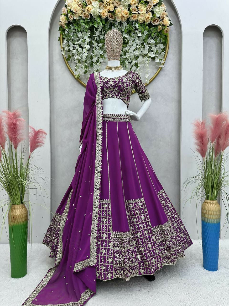 Jyoti Fashion Women's Wine Faux Georgette Sequins with Thread Embroidered Designer Lehenga Choli Set | Swadesiicart