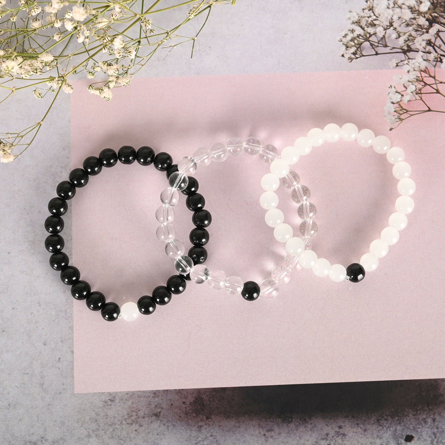 NVR Men & Women Transparent & White & Black Marbel Crystal Elasticated Bracelet - NR Retail-NVR
