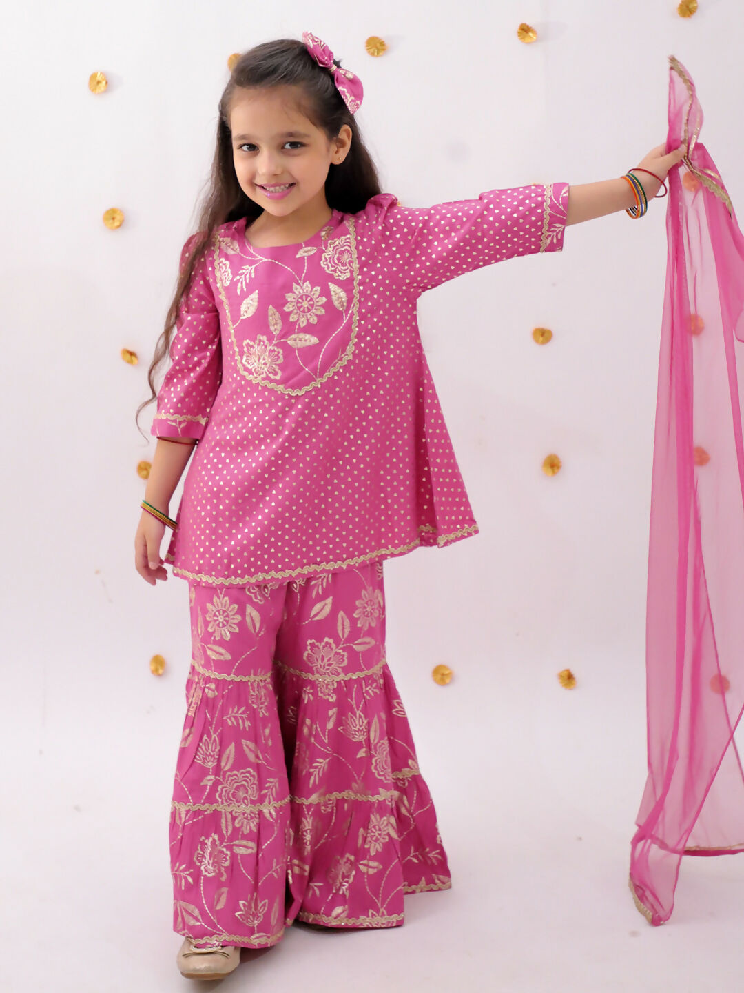 Lil Drama Khilkhilahat Pink Kurta Sharara With Dupatta Set For Girls | Swadesiicart