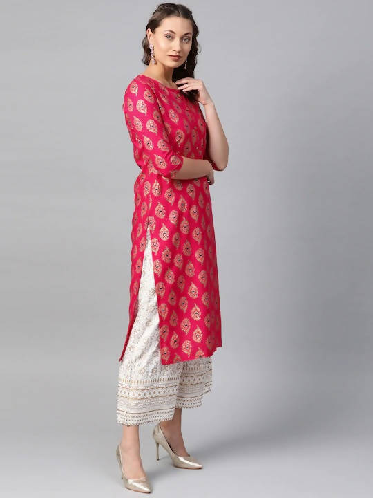 Indian Clothing Anubhutee Pink & Golden Printed Straight Kurta - Swadesiicart
