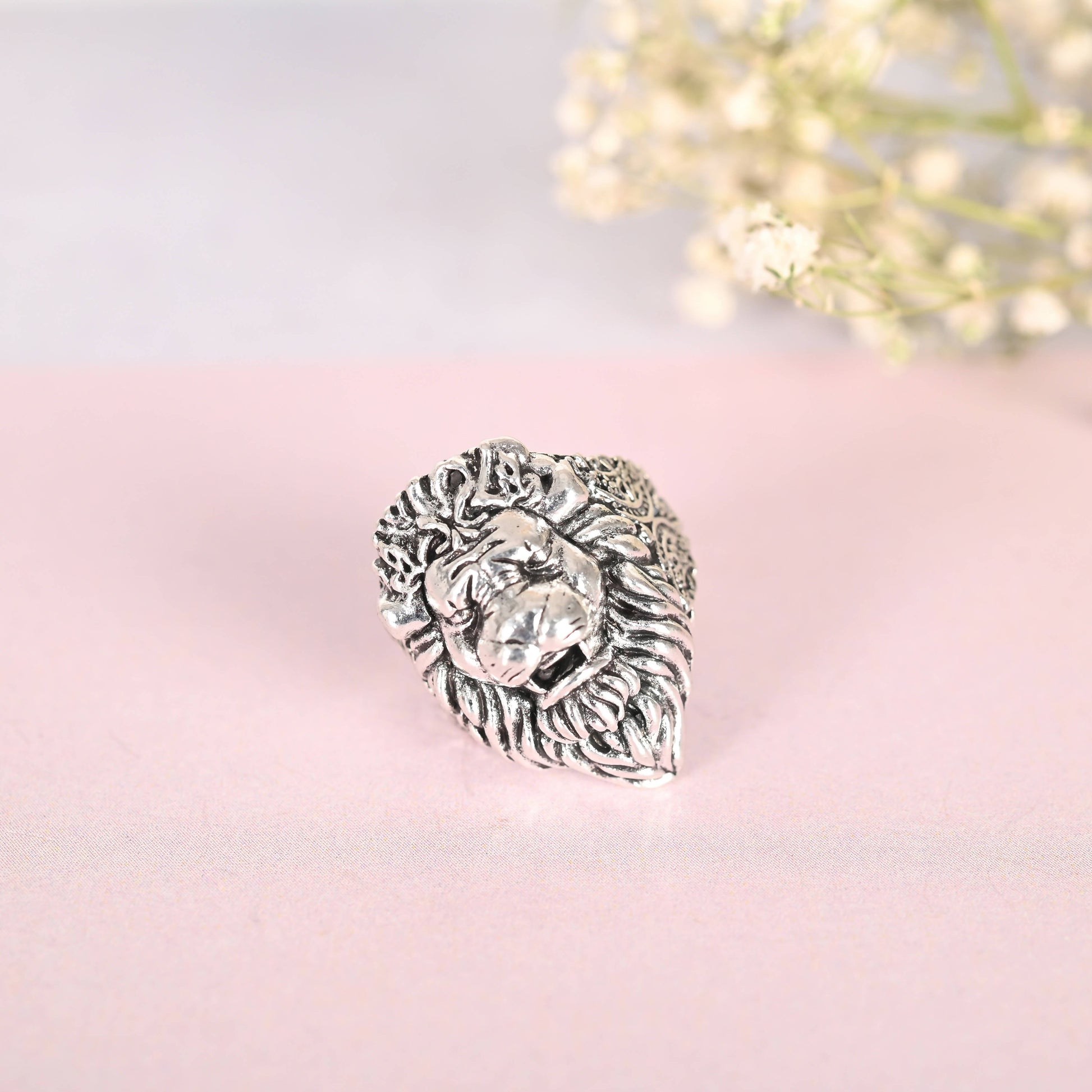 NVR Men Silver-Plated Lion Face Finger Ring | Swadesiicart