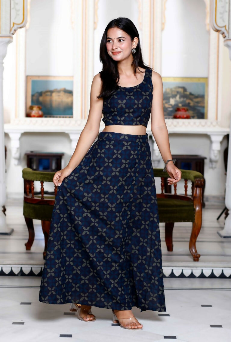 Miravan Women's Blue Abstract Print Crop Top And Side Slit A-Line Skirt Co-Ord Set - Swadesiicart