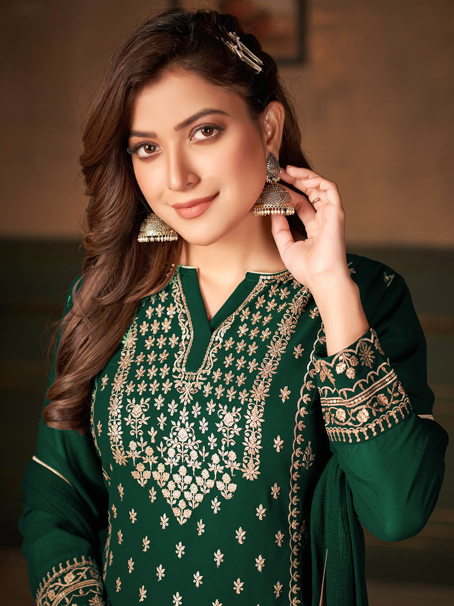 Myra Green Faux Georgette Embroidered Sharara Suit | Swadesiicart