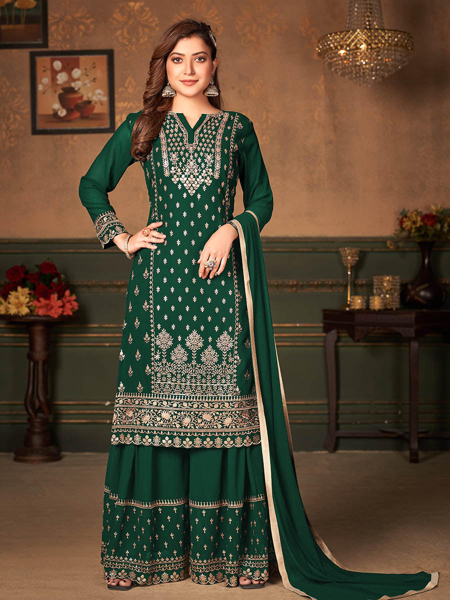 Myra Green Faux Georgette Embroidered Sharara Suit | Swadesiicart