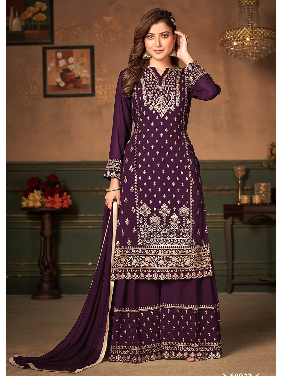 Myra Wine Faux Georgette Embroidered Sharara Suit | Swadesiicart