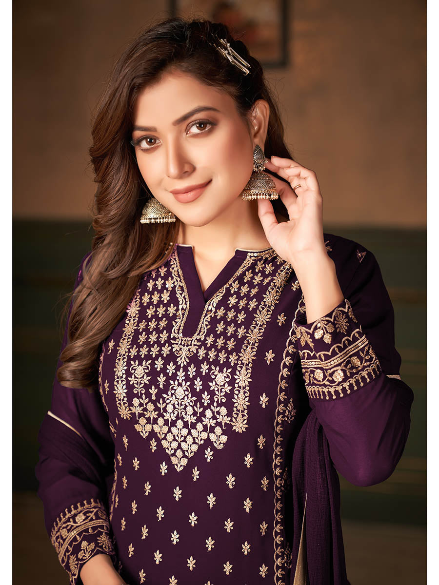 Myra Wine Faux Georgette Embroidered Sharara Suit | Swadesiicart