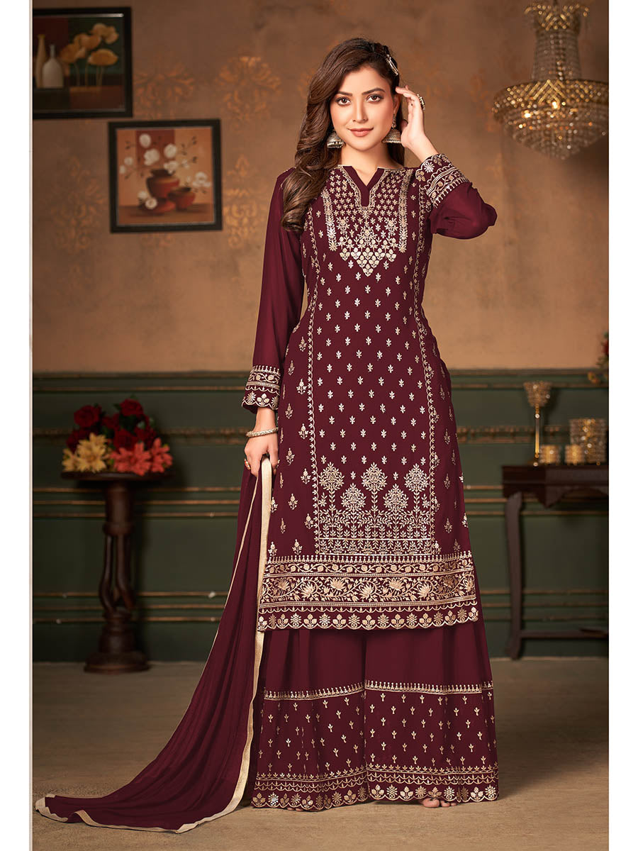 Myra Maroon Faux Georgette Embroidered Sharara Suit | Swadesiicart