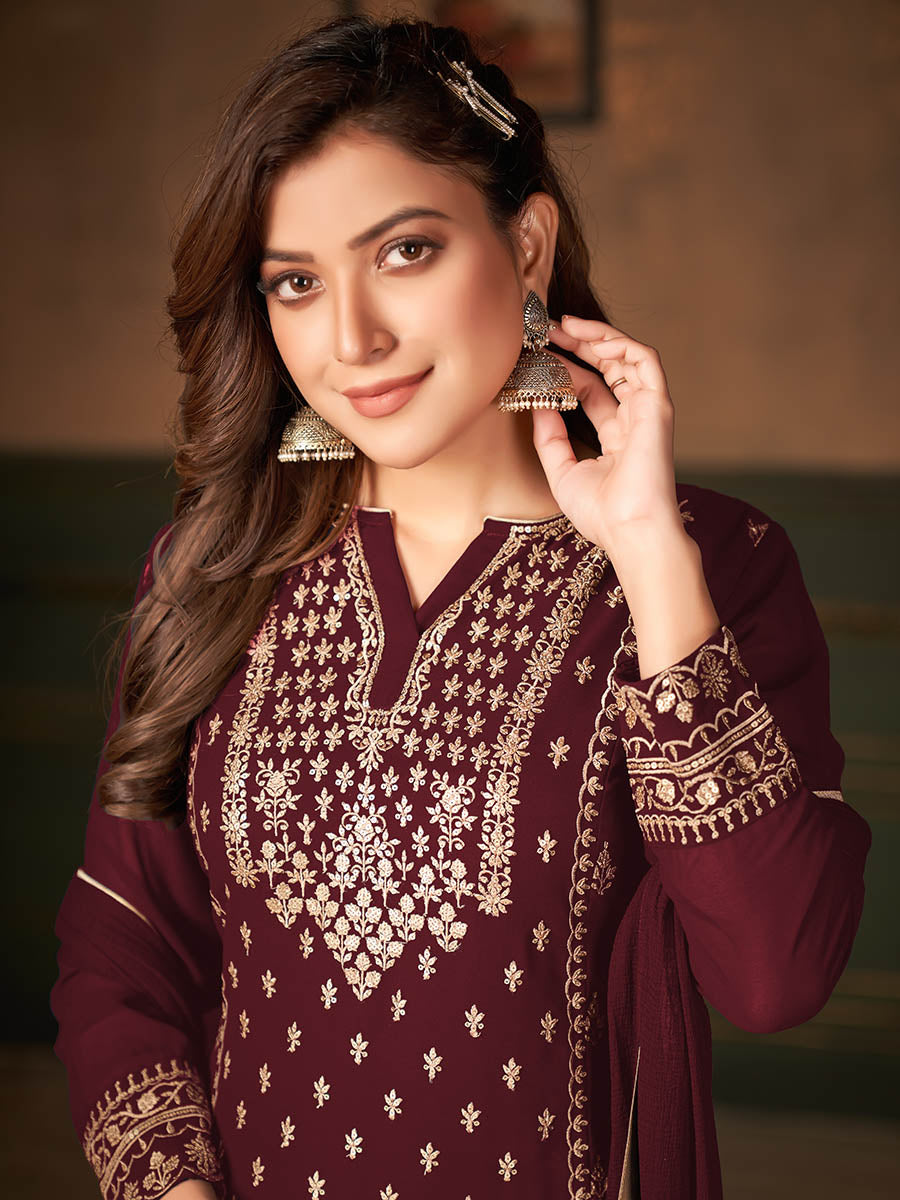 Myra Maroon Faux Georgette Embroidered Sharara Suit | Swadesiicart
