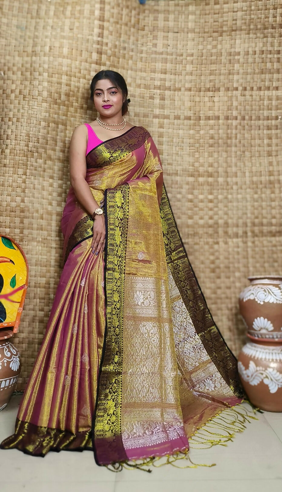 Exclusive Collection Golden Red Beautiful Tissue Benarasi Saree - Swadesiicart
