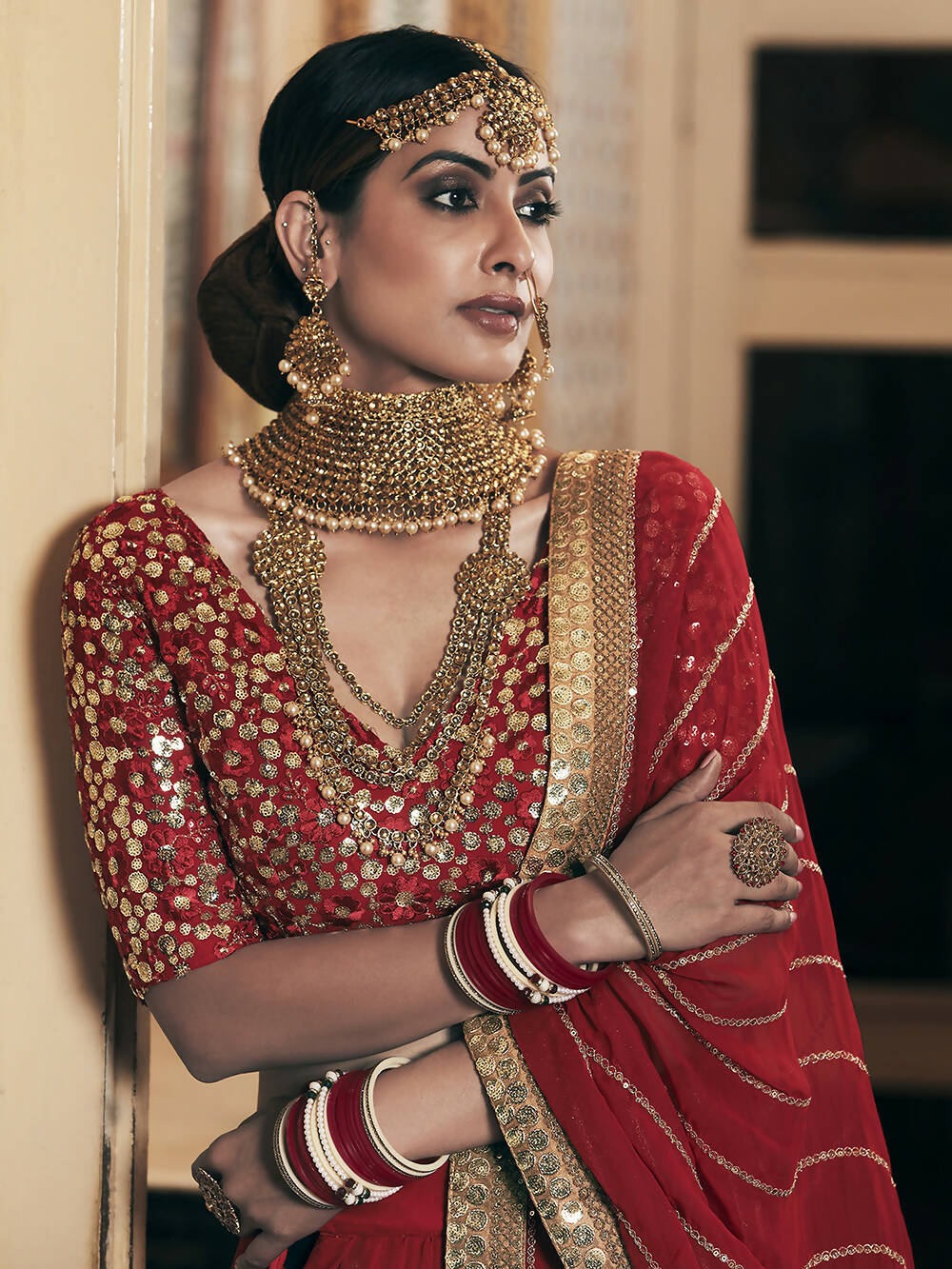 Wedding Designer Sequene Zari Resham Embroidery Red Georgette Lahengha Choli - Anbazaar | Swadesiicart