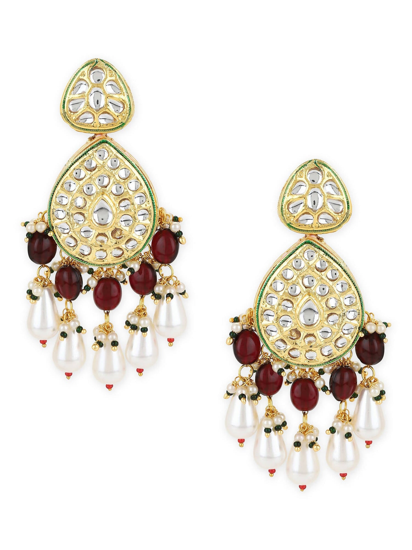 Gold-Toned White Kundan Contemporary Gold-Polished Jhumkas Earrings - Ruby Raang | Swadesiicart