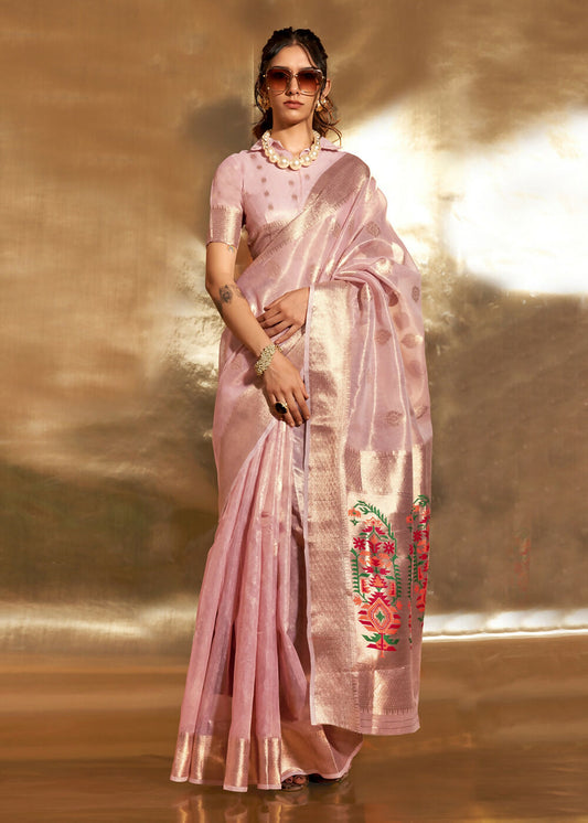 Pink Handwoven Tissue Fabric Festive & Party Style Saree - Emponline | Swadesiicart