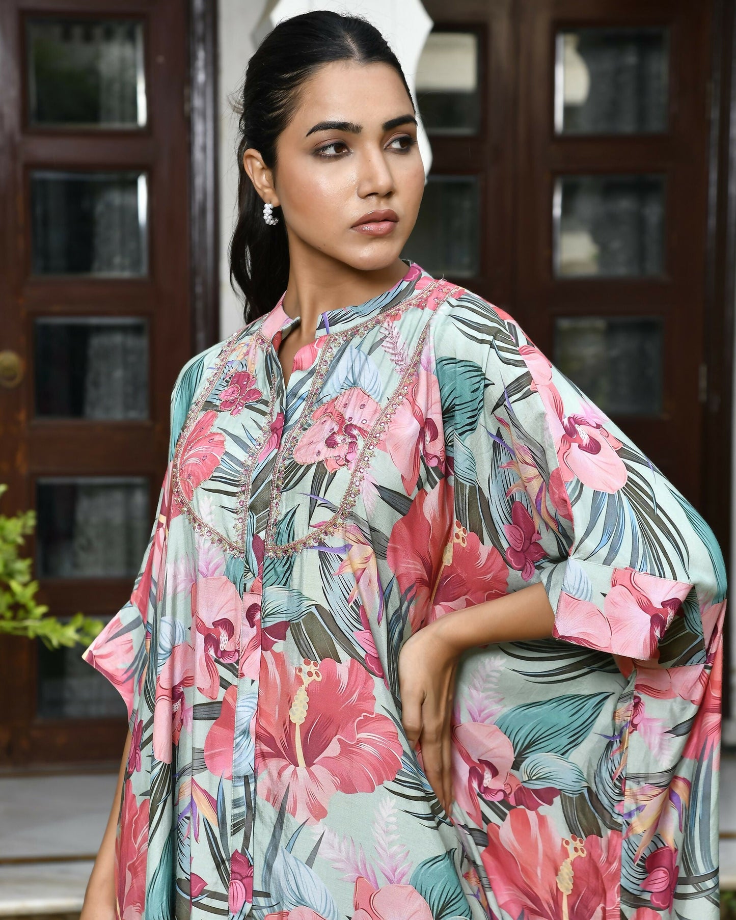 Vaasva Women's Aqua Musline Viscose Digital Printed Kaftan Pant Set | Swadesiicart