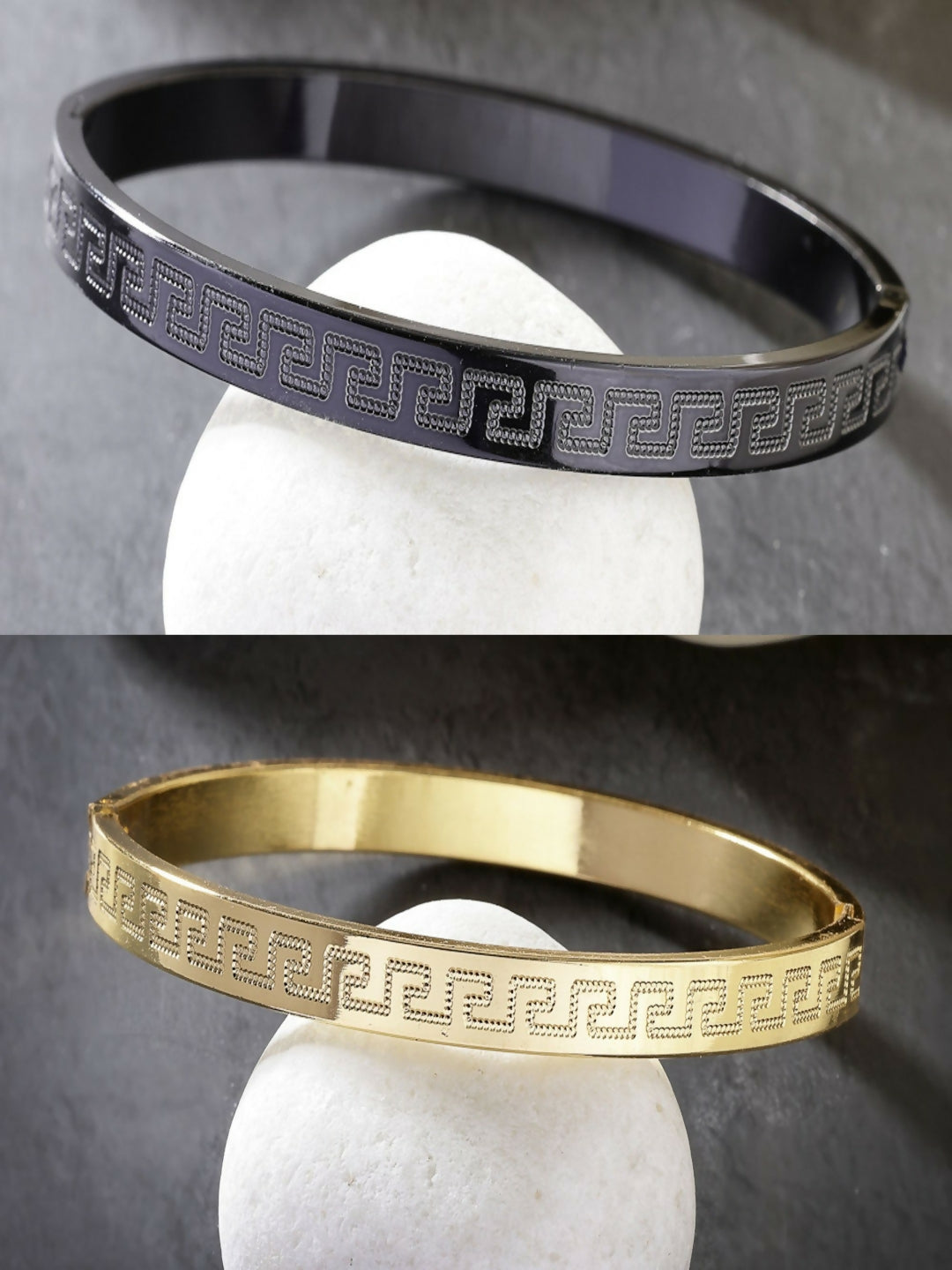 NVR Men's Set of 2 Gold & Black Rhodium-Plated Stainless Steel Kada Bracelet - NR Retail-NVR