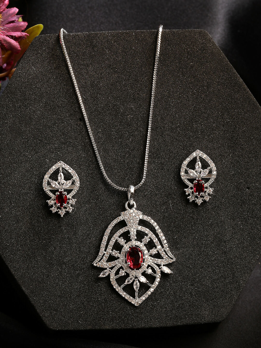NVR Women Silver-Plated American Diamond-Studded Pendant Set | Swadesiicart