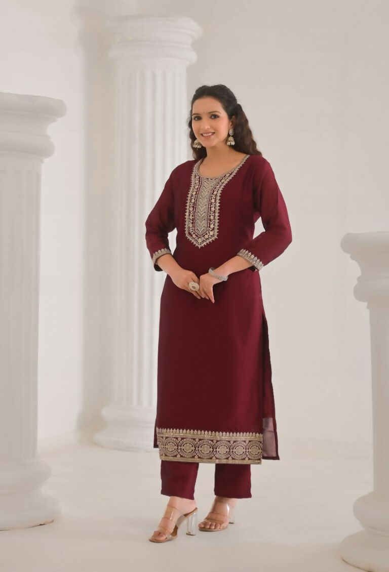 Ethnic Festive Wear Vichitra Silk Wine Stitched Suit With Dupatta - Tanisha | Swadesiicart