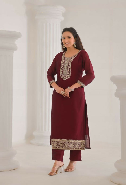 Ethnic Festive Wear Vichitra Silk Wine Stitched Suit With Dupatta - Tanisha | Swadesiicart