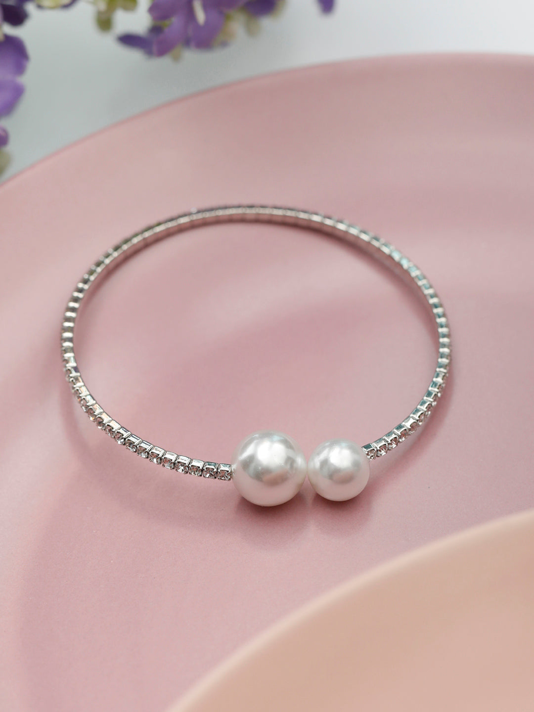 Priyaasi Women American Diamond Perals Silver Plated Circle Cuff Bracelet - Noz2Toz