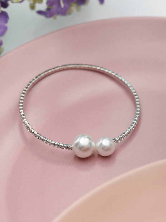 Priyaasi Women American Diamond Perals Silver Plated Circle Cuff Bracelet - Noz2Toz