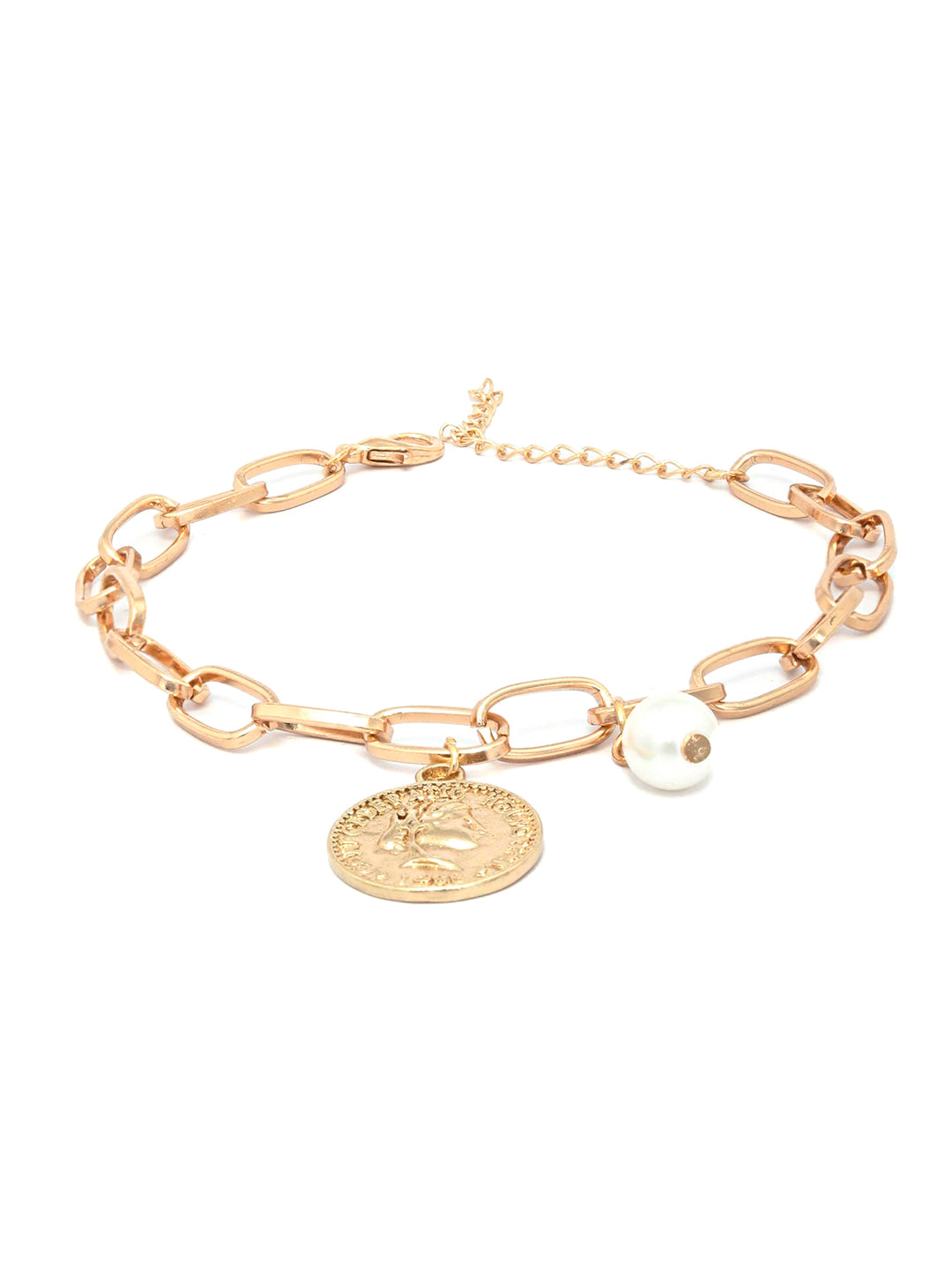 Priyaasi Women White Pearls Rose Gold-Polished Coin Link Bracelet - Swadesiicart