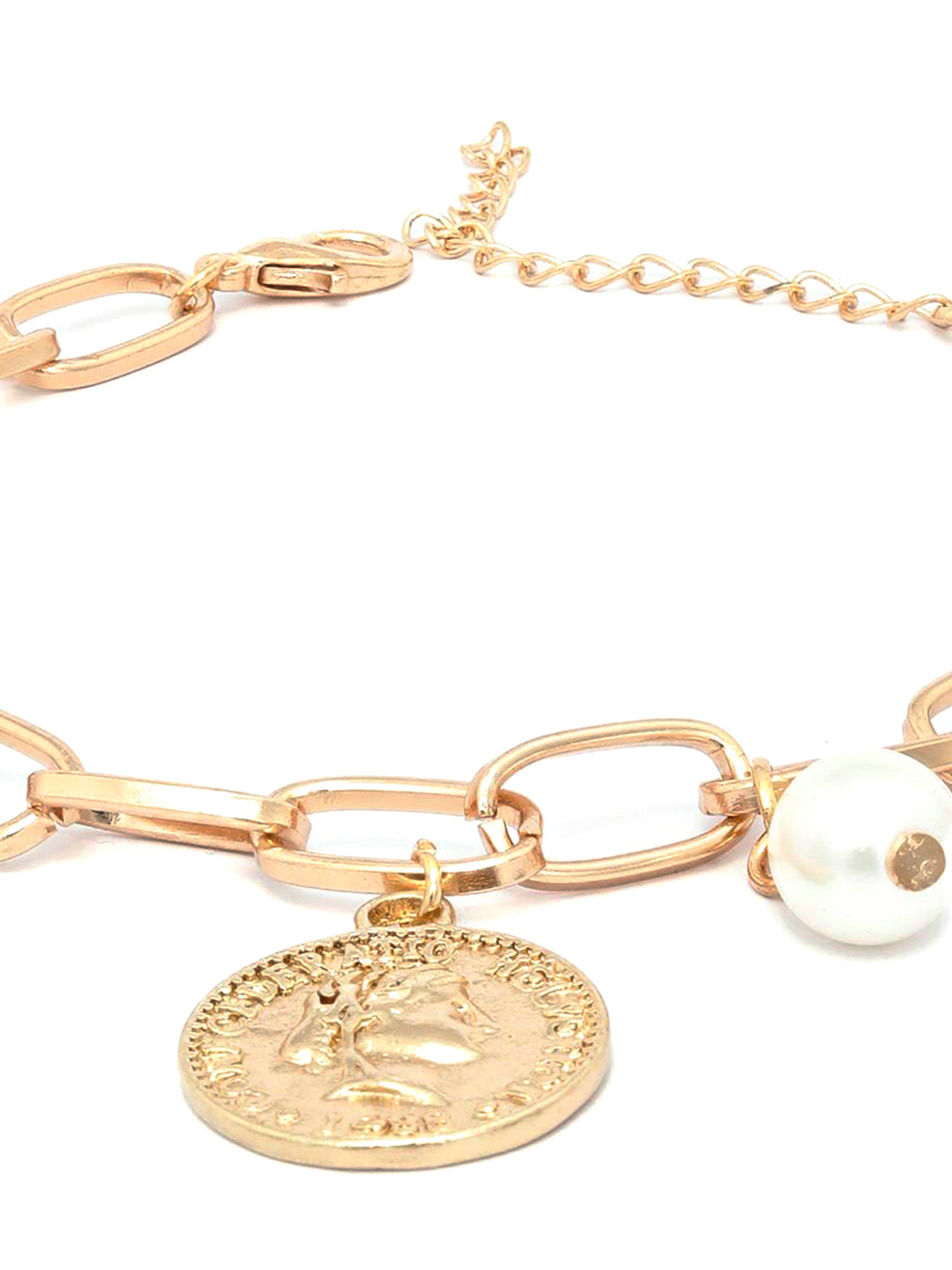 Priyaasi Women White Pearls Rose Gold-Polished Coin Link Bracelet - Swadesiicart