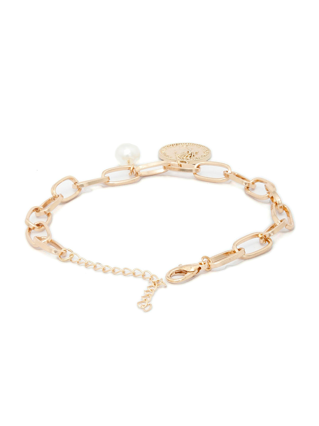 Priyaasi Women White Pearls Rose Gold-Polished Coin Link Bracelet - Swadesiicart