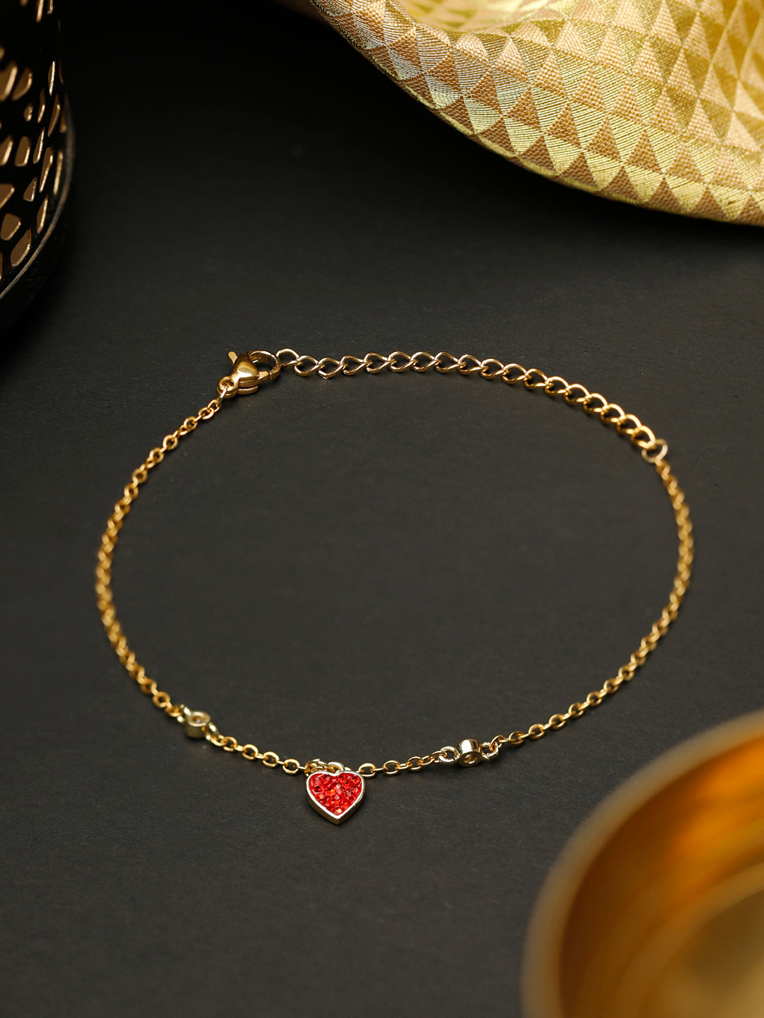 Priyaasi Women Red Stones Gold-Polished Heart Link Bracelet - Noz2Toz