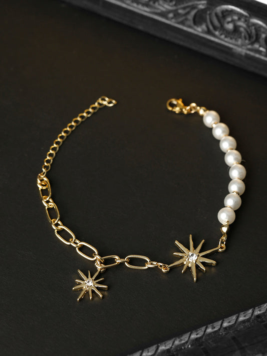 Priyaasi Women White American Diamond Pearls Gold-Polished Star Link Bracelet - Noz2Toz
