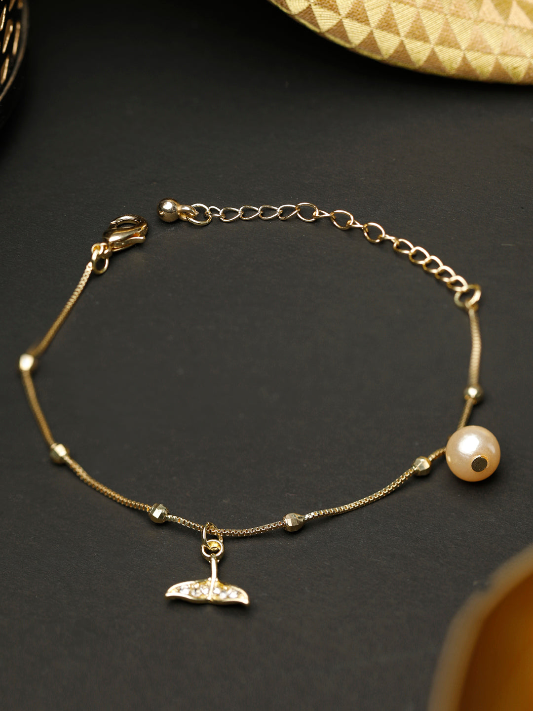 Priyaasi Women American Diamond Pearls Gold-Polished Fishtail Link Bracelet - Noz2Toz