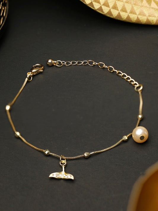 Priyaasi Women American Diamond Pearls Gold-Polished Fishtail Link Bracelet - Noz2Toz