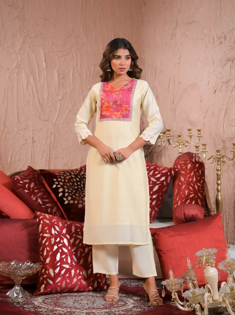Ethnic Festive Wear Chanderi With Lining White & Pink Stitched Suit With Dupatta - Tanisha | Swadesiicart