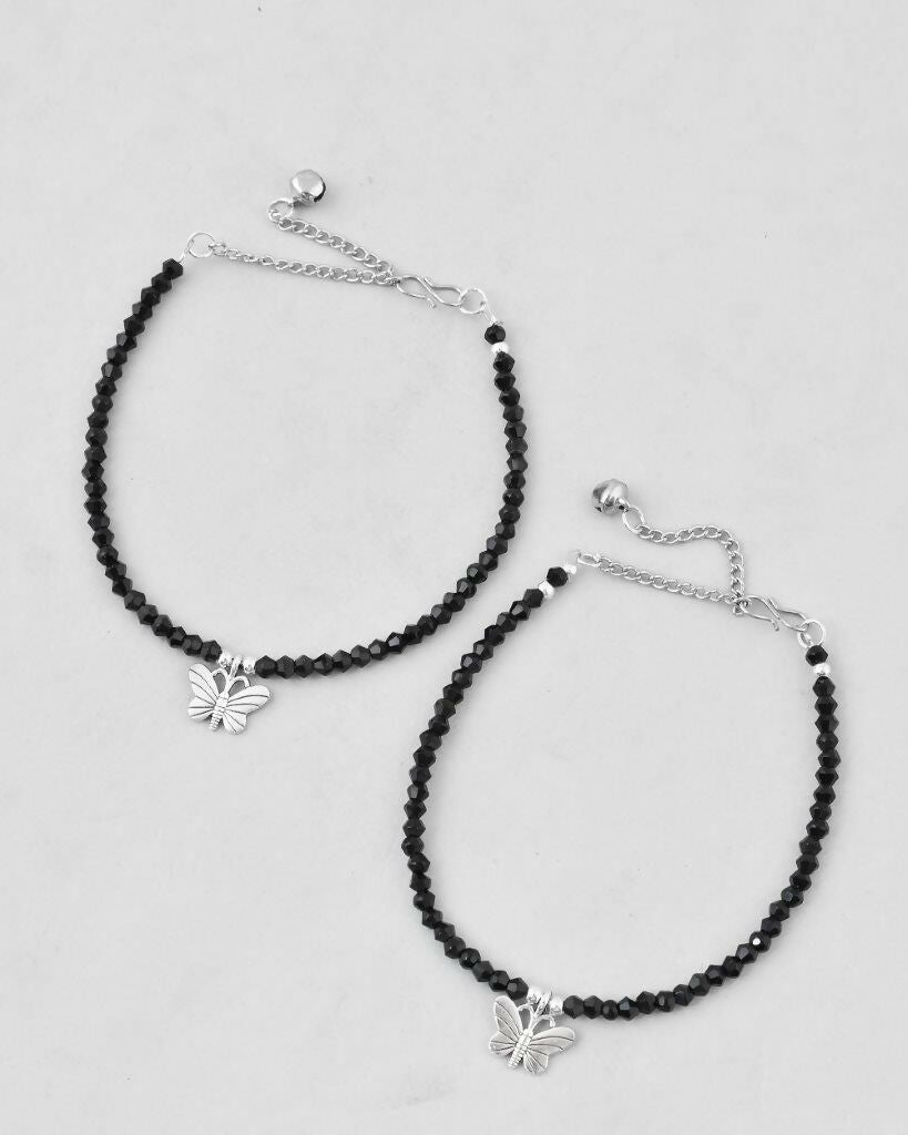 VOJ Set of 2 Butterfly Black Beads Anklet - Swadesiicart