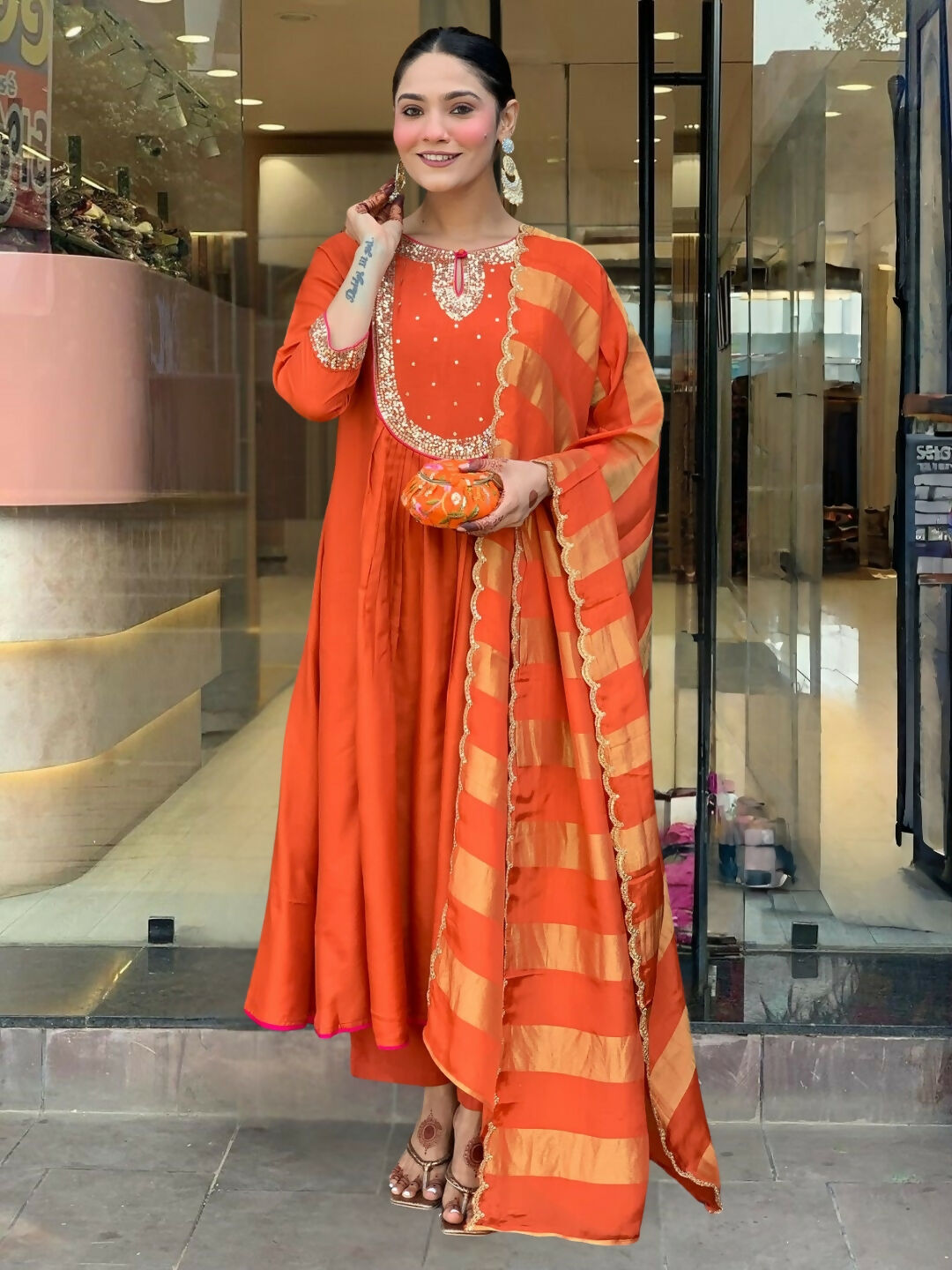 The52 Rust Women's Gorgeous Embroidered Work Chanderi Fabric Flared Kurta Pant and Dupatta Set - Swadesiicart