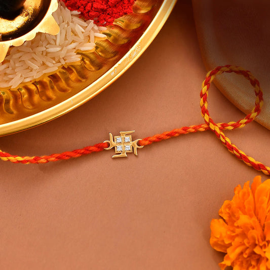 trueBrowns 925 Sterling Silver Swastik Gold-Polished Gold Micron Plated Thread Rakhi | Swadesiicart