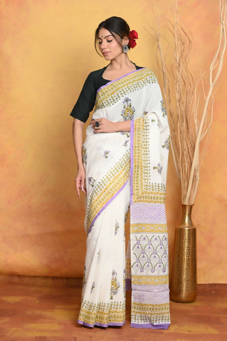 Very Much Indian Handblock Printed Cotton Saree With Natural Dyes - White | Swadesiicart